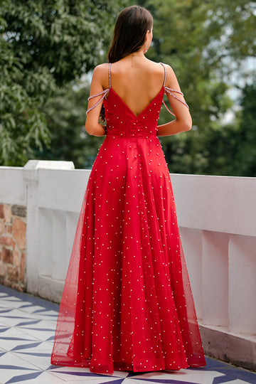 Rød beaded lang prom kjole